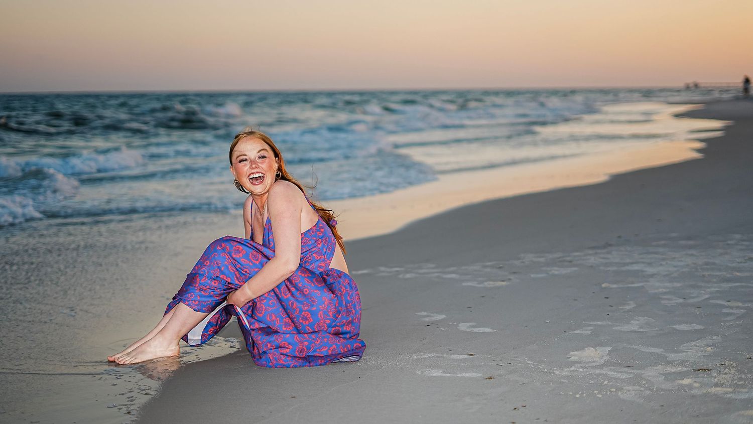 A series of sunset beach photos featuring a person in a purple dress posing gracefully along the shoreline at dusk.