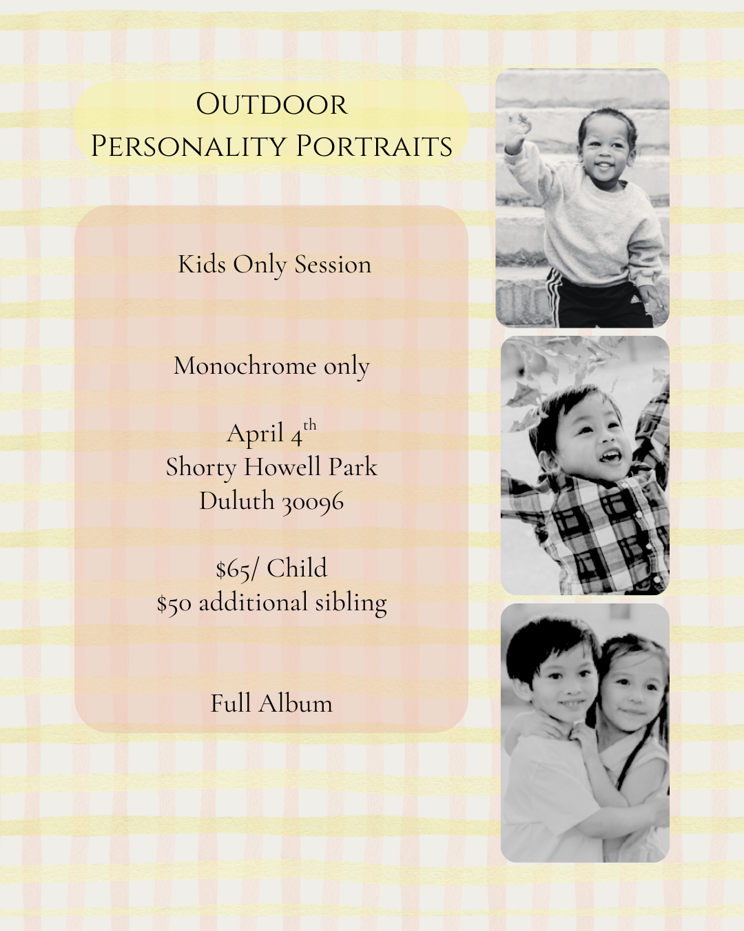 Vintage-style monochrome photography advertisement showing portrait samples and session details for outdoor kids photo shoots.