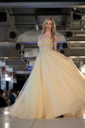 A princess-style cream ballgown with beaded bodice and full tulle skirt displayed at a fashion show.