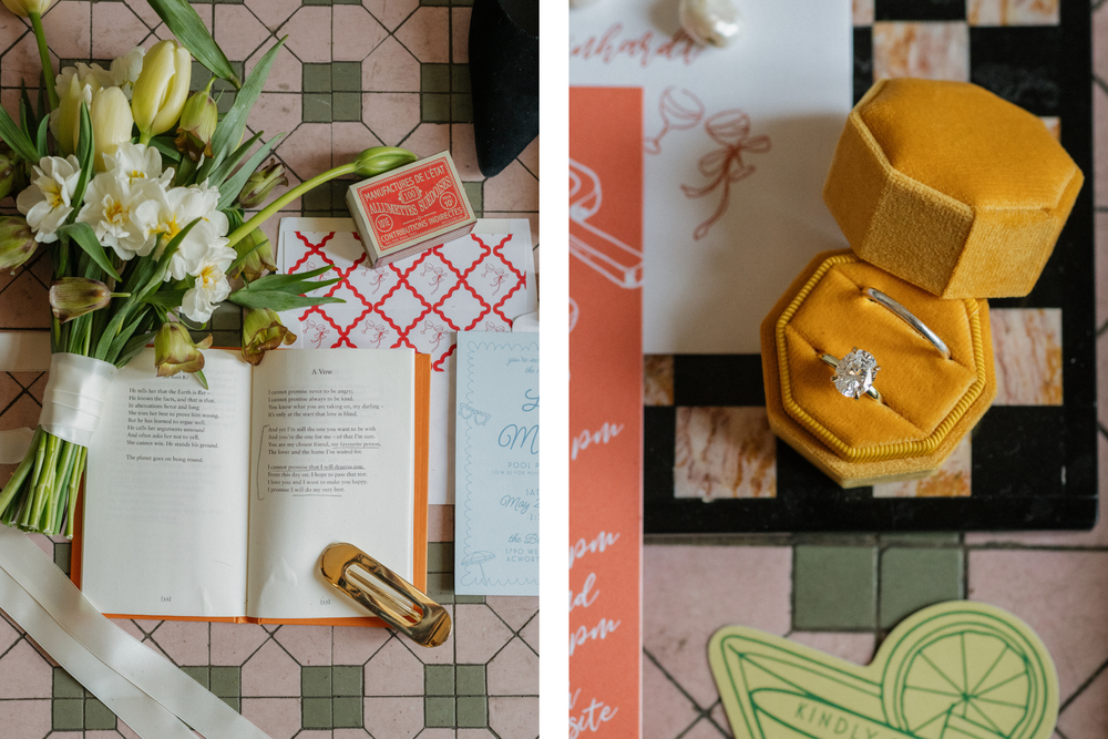 A series of photos showing geometric tile patterns, open books, yellow napkins, and floral arrangements on a table.
