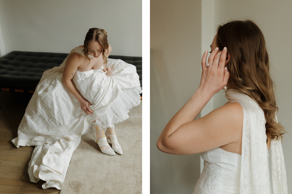 A series of romantic wedding dress detail shots showing delicate white fabric, flowing movement, and intimate moments.