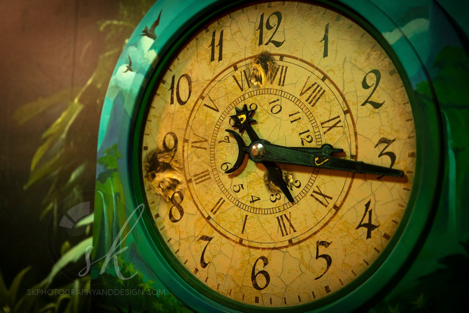 A moody image of a vintage green clock with a spiral face taken for Saratoga Escape Rooms.