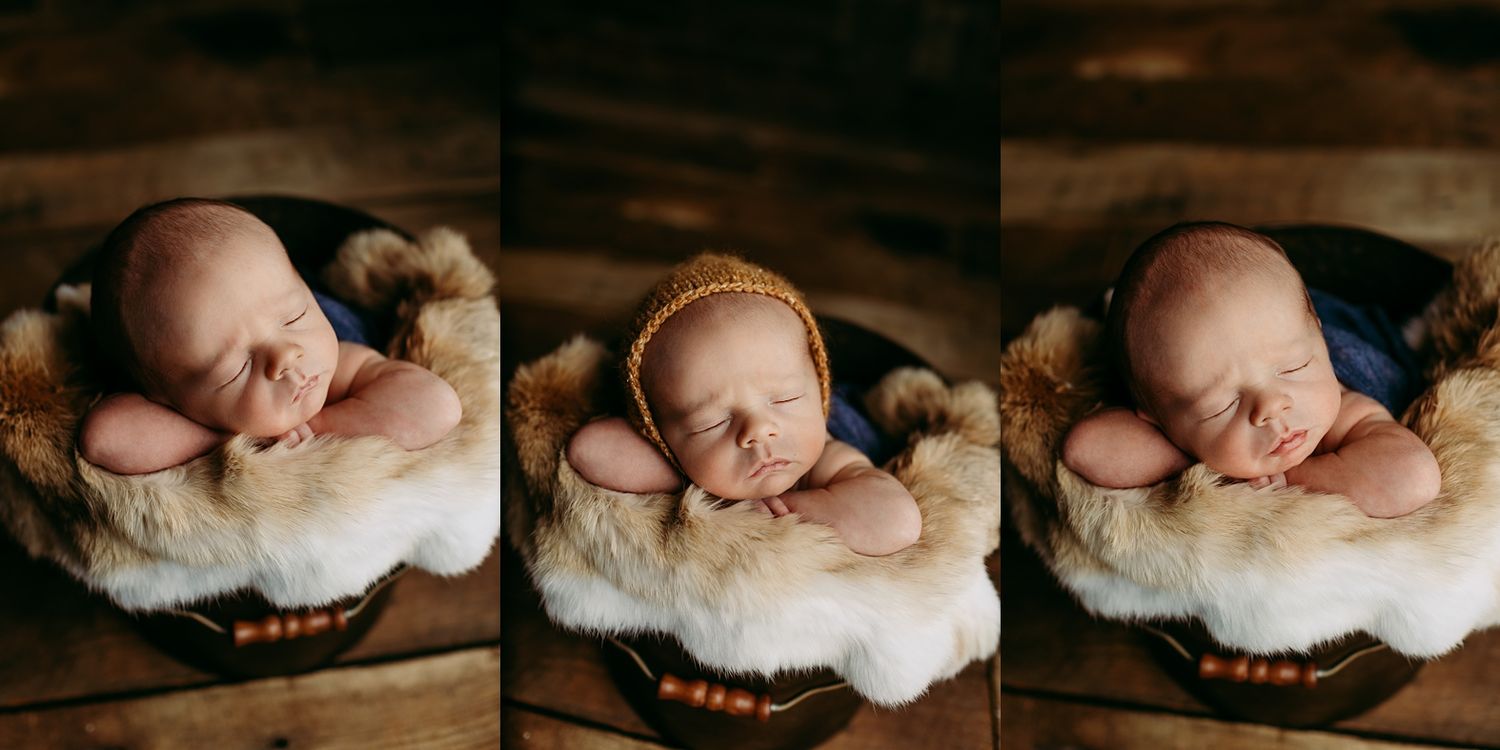 A collage of peaceful sleeping newborn photography poses on soft textures and neutral backgrounds.