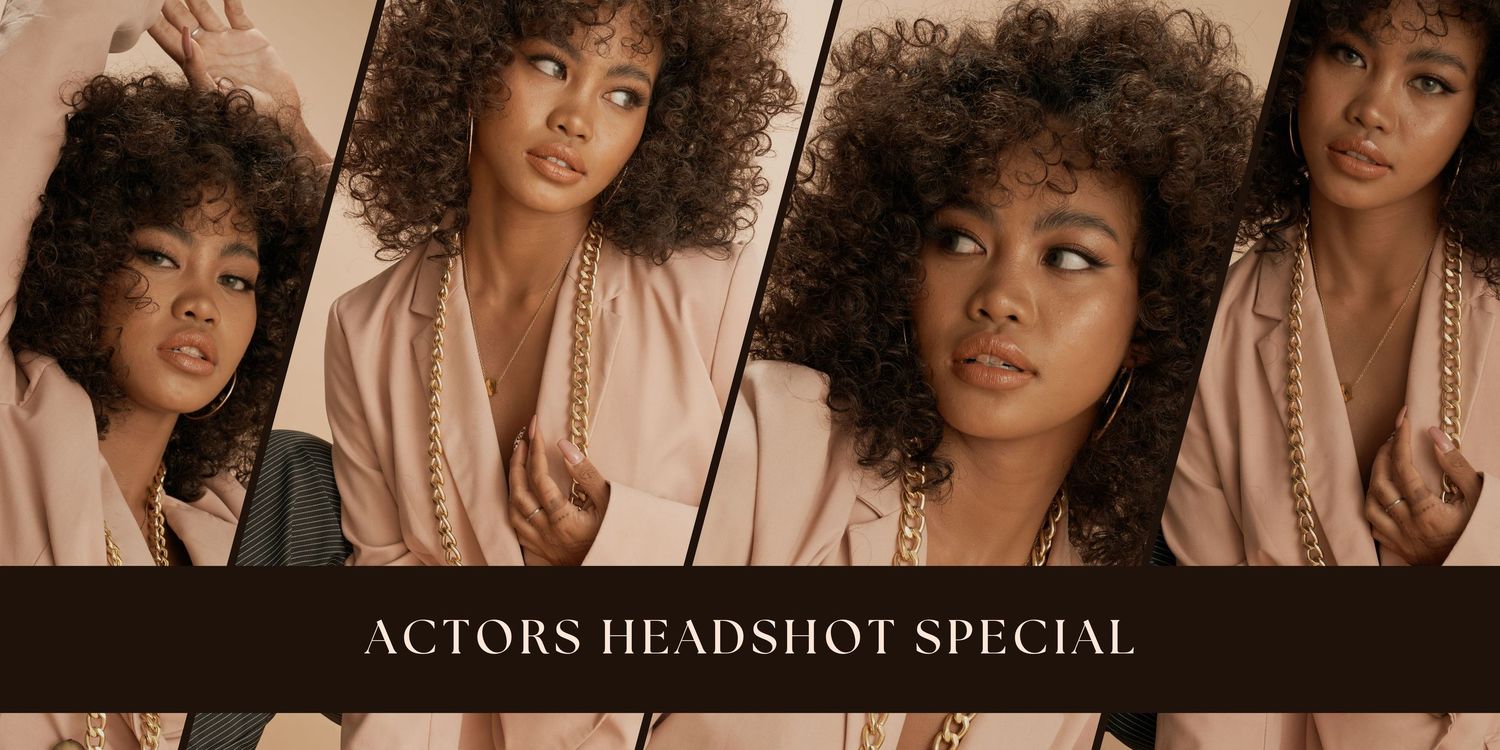 Collage of professional headshots featuring natural curly hair and neutral tones against warm brown background.