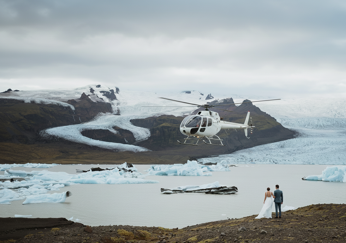 A couple shares an intimate moment against a dramatic mountain landscape with snow and moody clouds at sunset.
