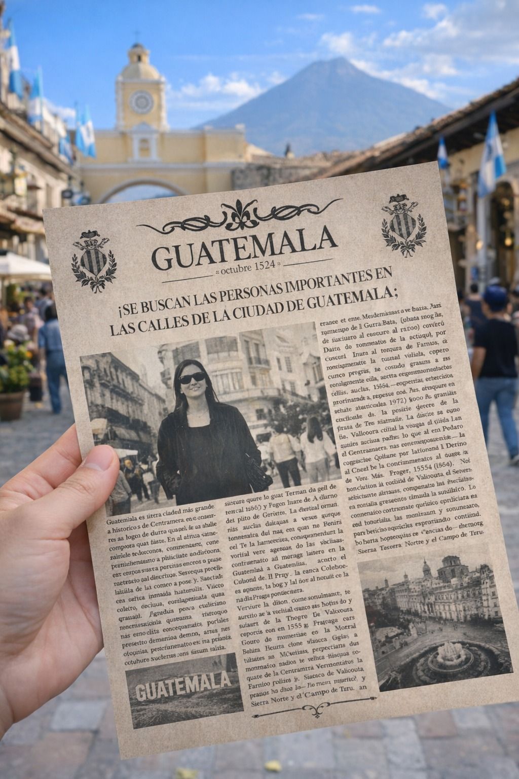 A series of vintage-style newspaper pages about Guatemala being held up against a scenic mountain backdrop.