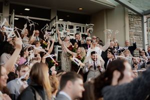 Crowd of wedding guests cheering and celebrating during reception festivities.
