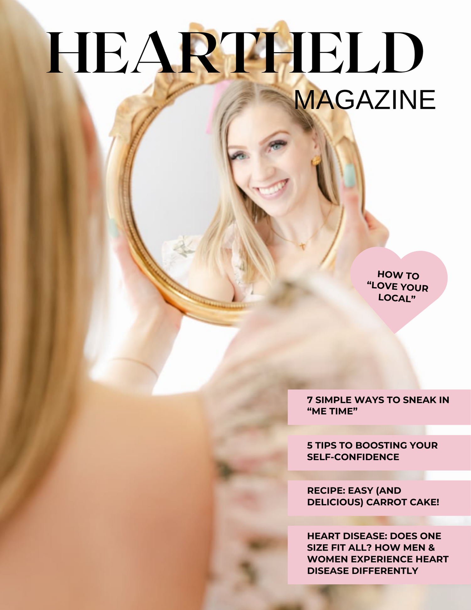 A lifestyle magazine cover titled 'Heartheld' featuring beauty and self-care articles with a pink heart graphic.