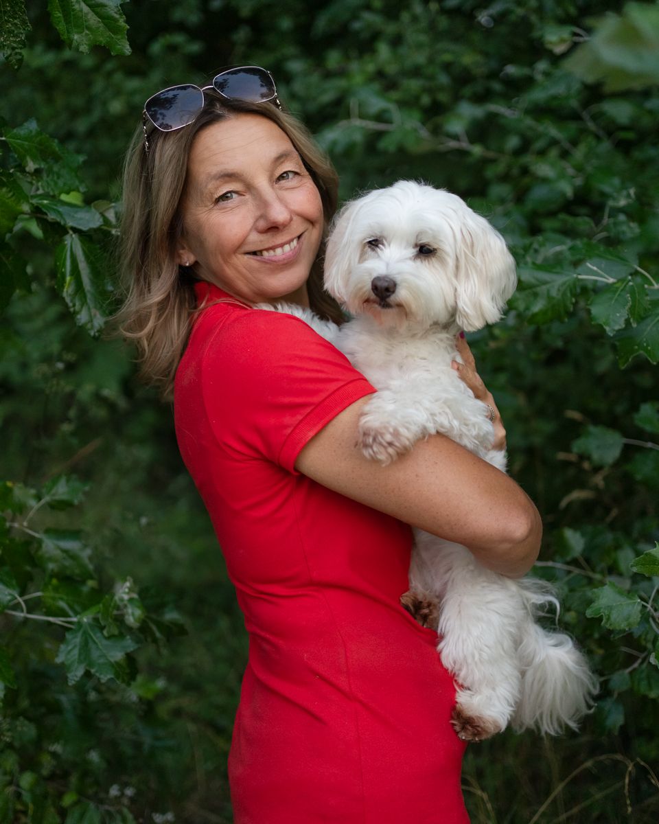 Dog Mothers day photoshoot with a lady and a white dog in Sydney Rouse hill Regional Park
