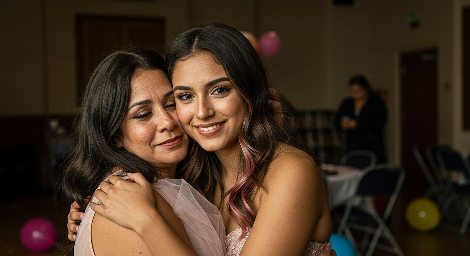 Two people embrace warmly at what appears to be a celebration or party venue with pink decorations in the background.