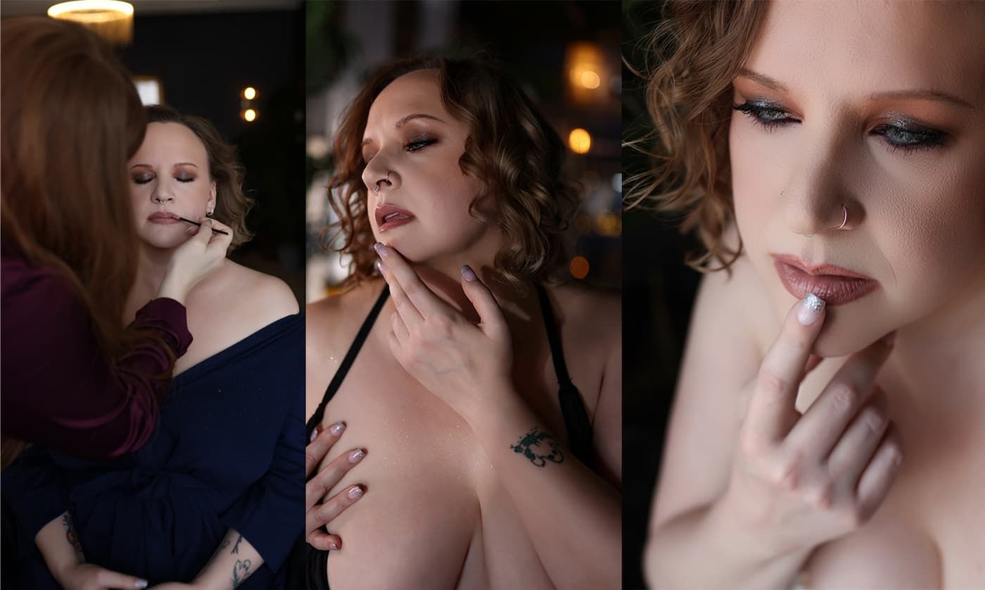 A moody boudoir photo triptych taken at Blush Boudoir featuring dramatic lighting and vintage-inspired glamour styling.