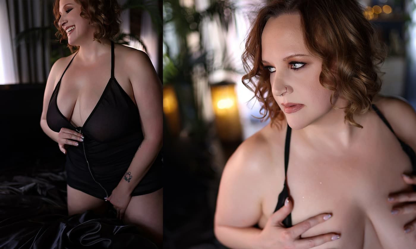 A series of black and white boudoir photographs showing artistic poses against dark backgrounds.