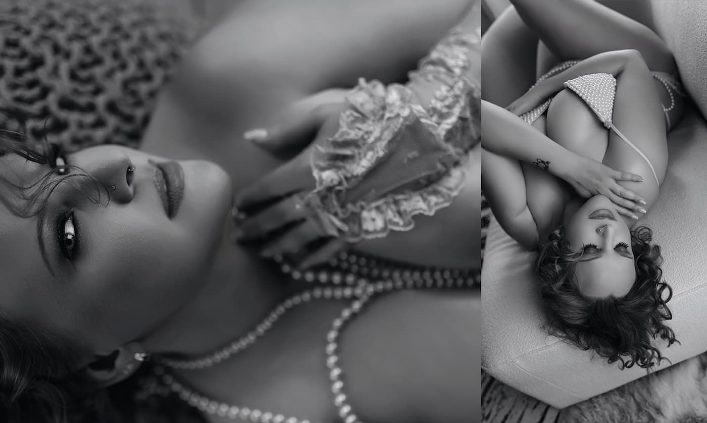 A romantic black and white photo series showing intimate moments with pearl necklace details.