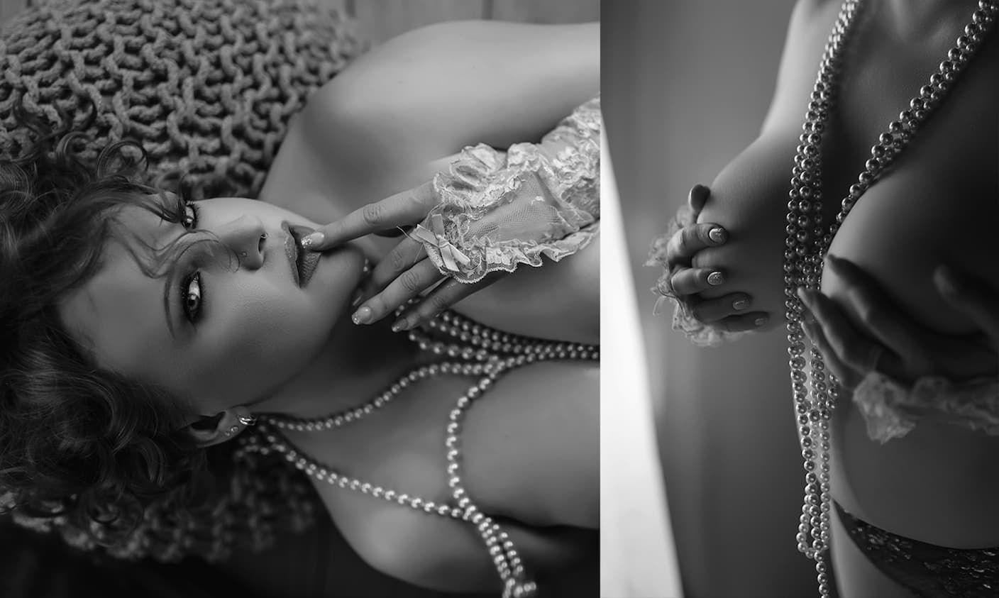 Artistic black and white portrait with pearl necklaces creating dramatic shadows and contrast.