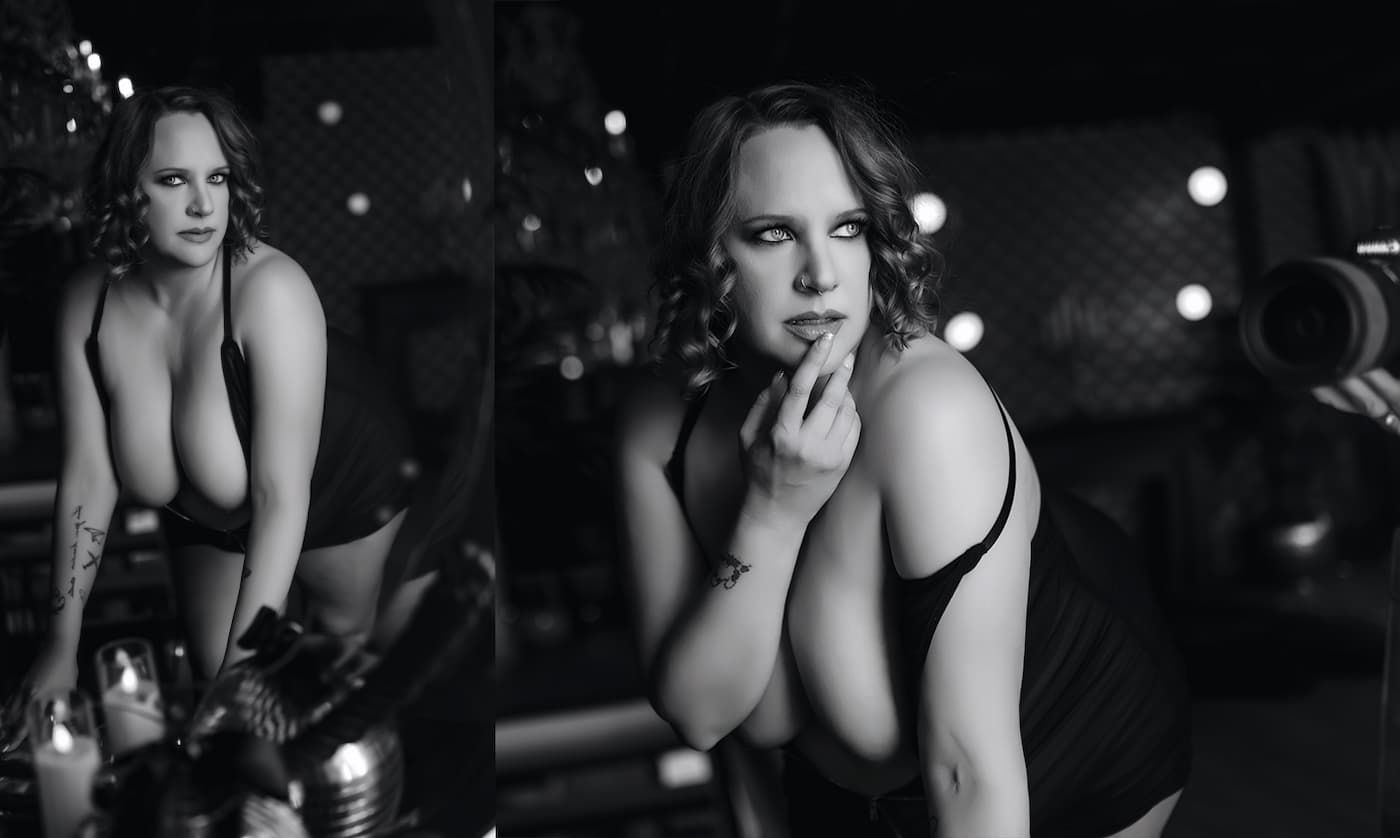 A series of black and white portraits showing dramatic lighting and intimate poses in a dark studio setting.