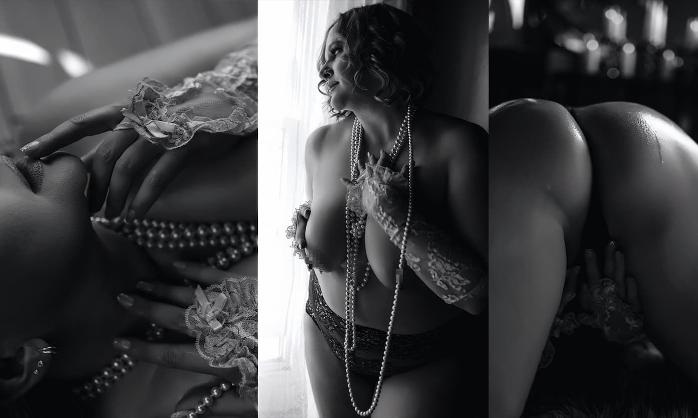 A series of black and white artistic boudoir photographs arranged in a horizontal collage strip.