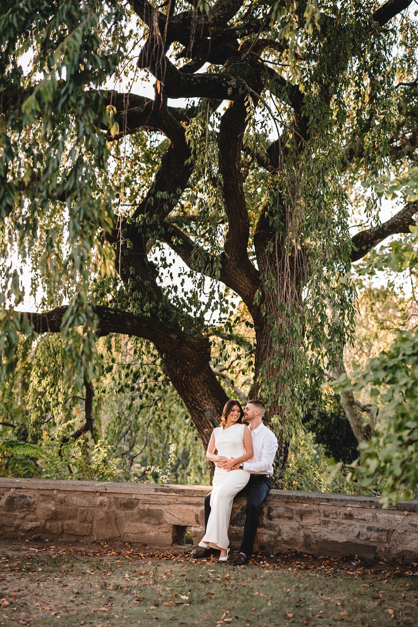 Couple sits on stone wall beneath sprawling willow tree during golden hour.