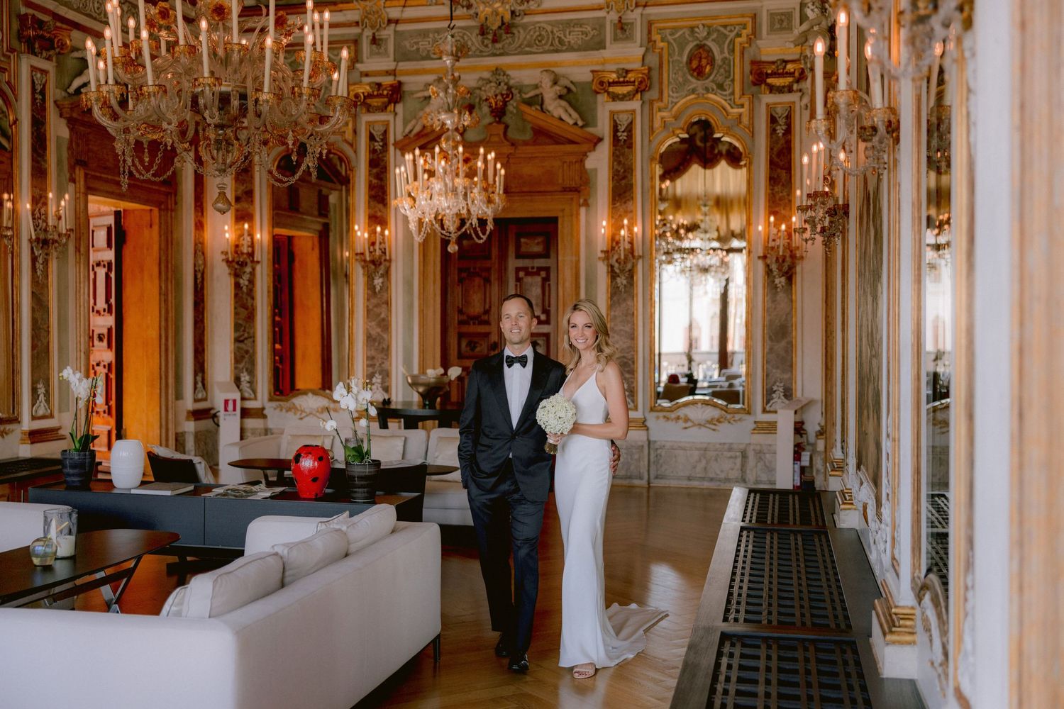 Bride and groom posing of their wedding photo shoot at luxury Hotel Aman Venice