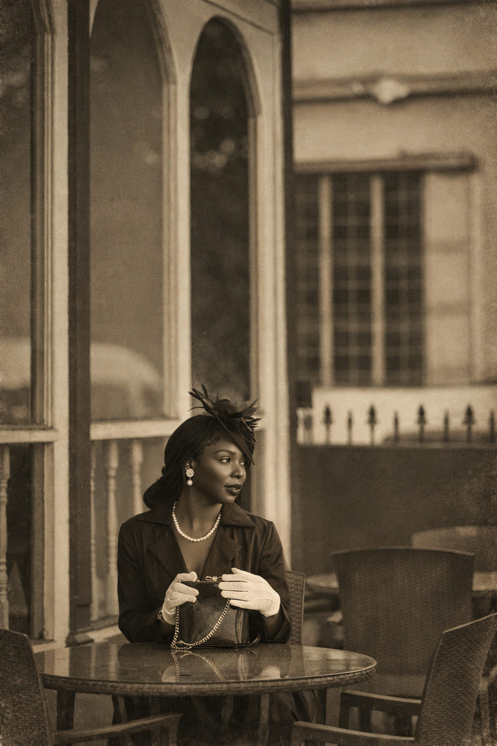 A black and white photograph shows a person sitting alone at a cafe table looking out through glass windows.