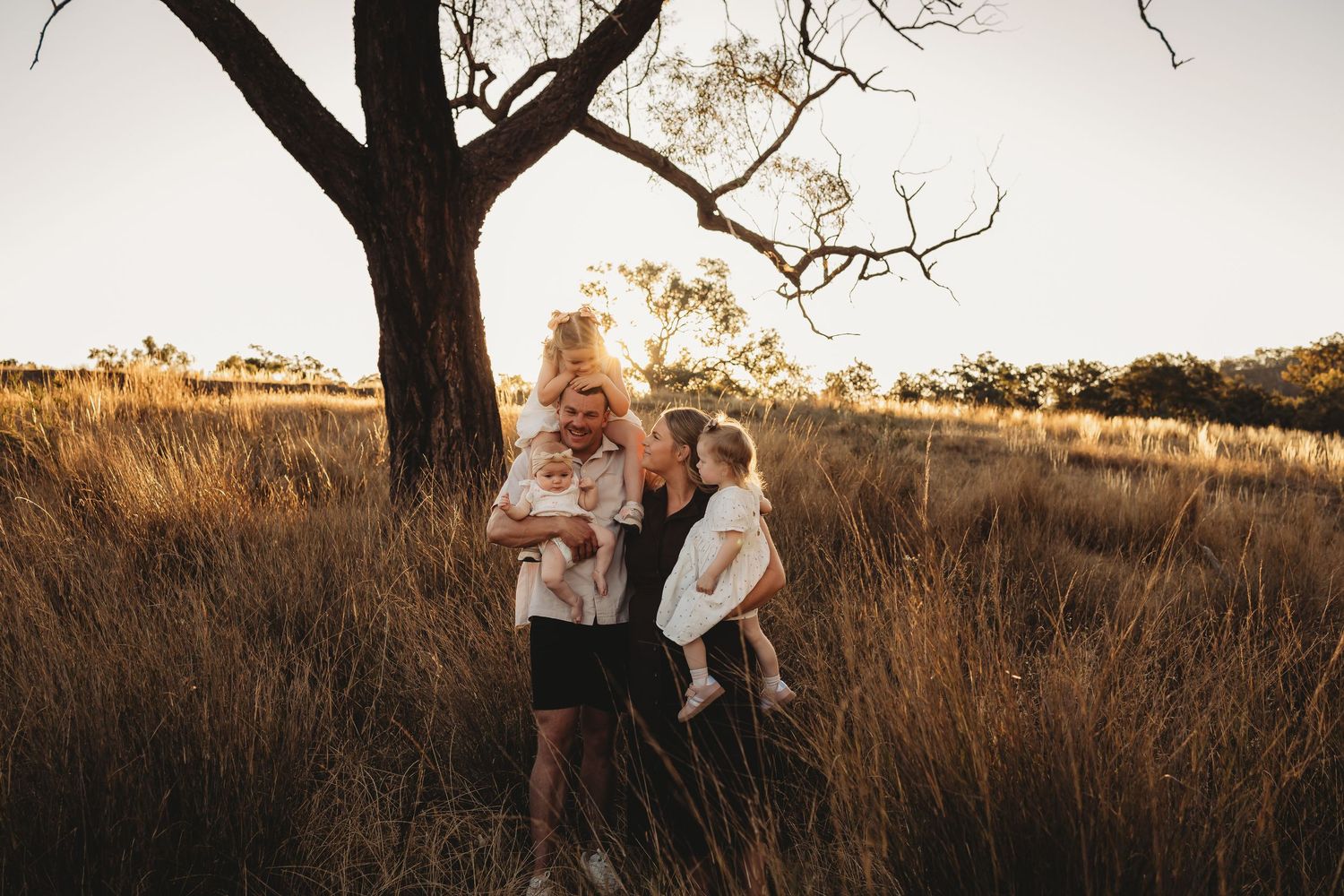 A couple embraces in a golden field at sunset with a dark tree silhouette in the foreground.