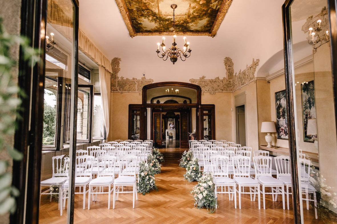 Destination wedding ceremony inside an Art Nouveau villa at Lake Iseo, Italy