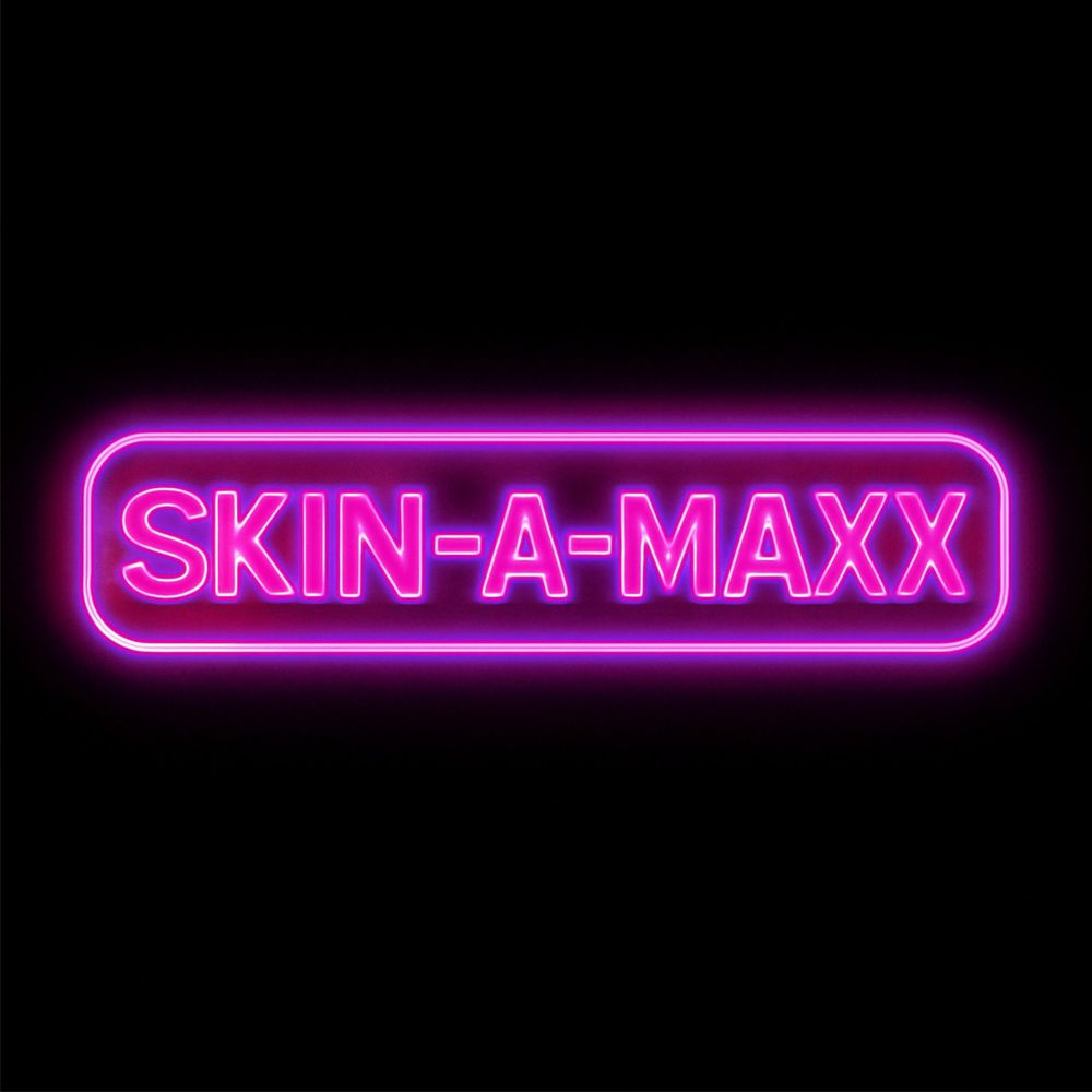 The pink SKIN-A-MAXX sign, logo variations, brand glow pieces.