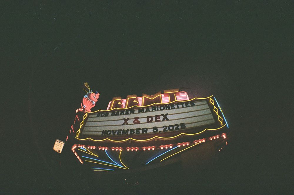Bob Baker Marionette Theater wedding marquee up in lights in Highland Park for private wedding event.