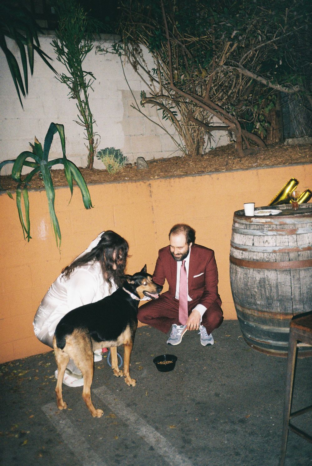 Bride and groom cuddle their dog captured on 35mm film.