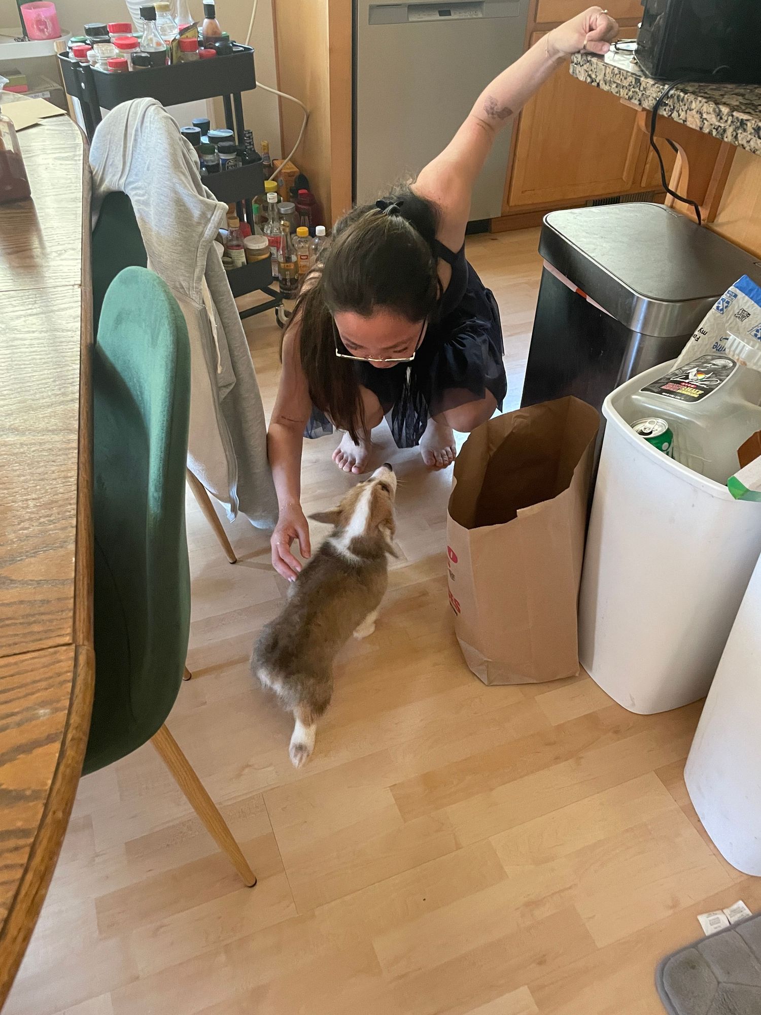 A person plays with a small cat on a wooden floor in a home setting.
