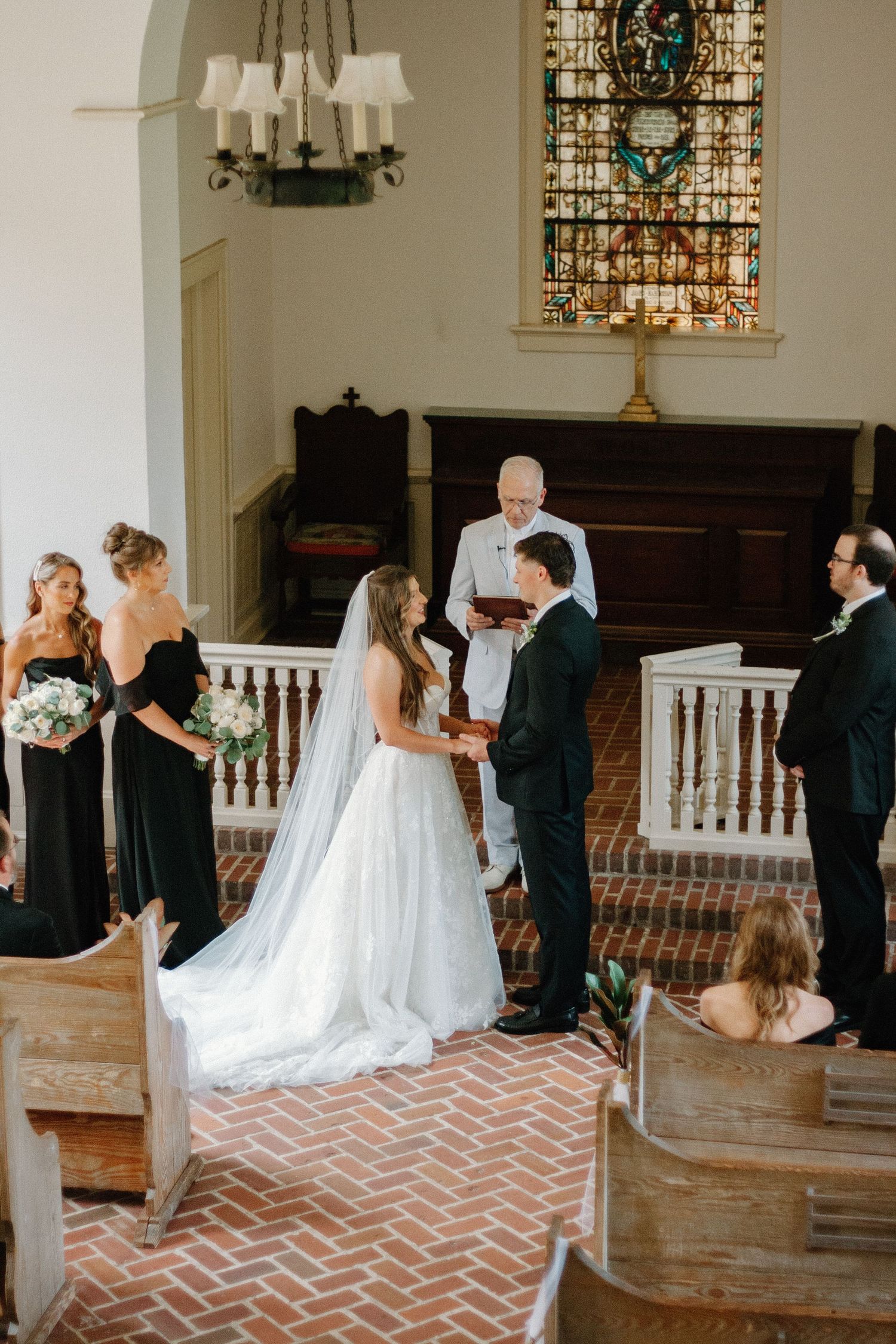 A sequence of images showing a wedding ceremony progression in a historic brick-floored chapel with stained glass windows.