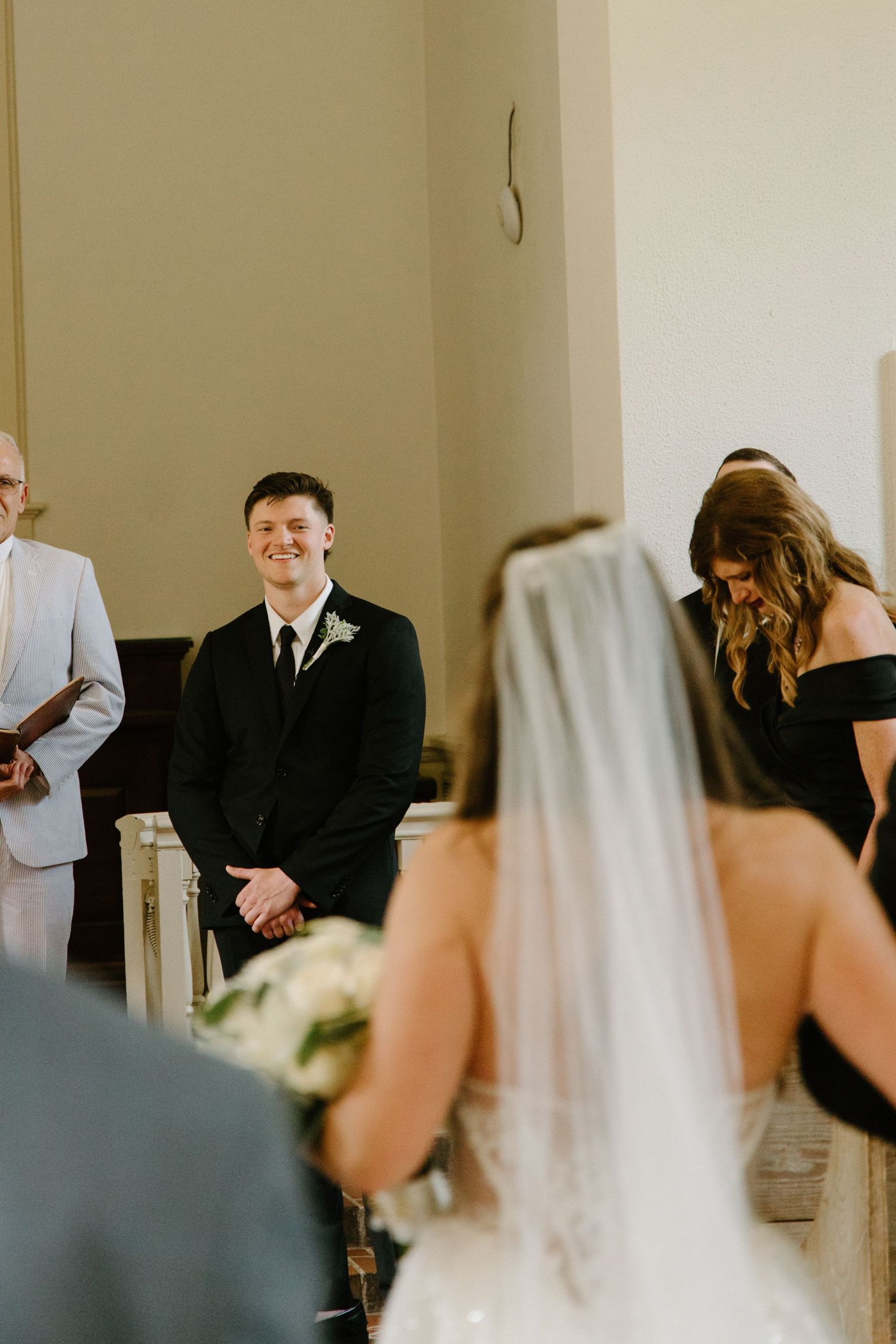 A sequence of wedding photographs showing a veil-wearing bride from behind and figures in formal wear at a celebration.