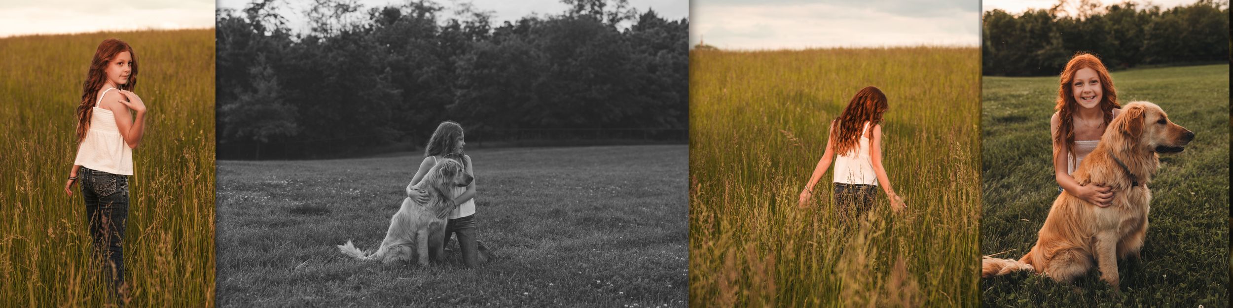 A series of three similar photographs showing a woman standing in a golden field at sunset, one in black and white.