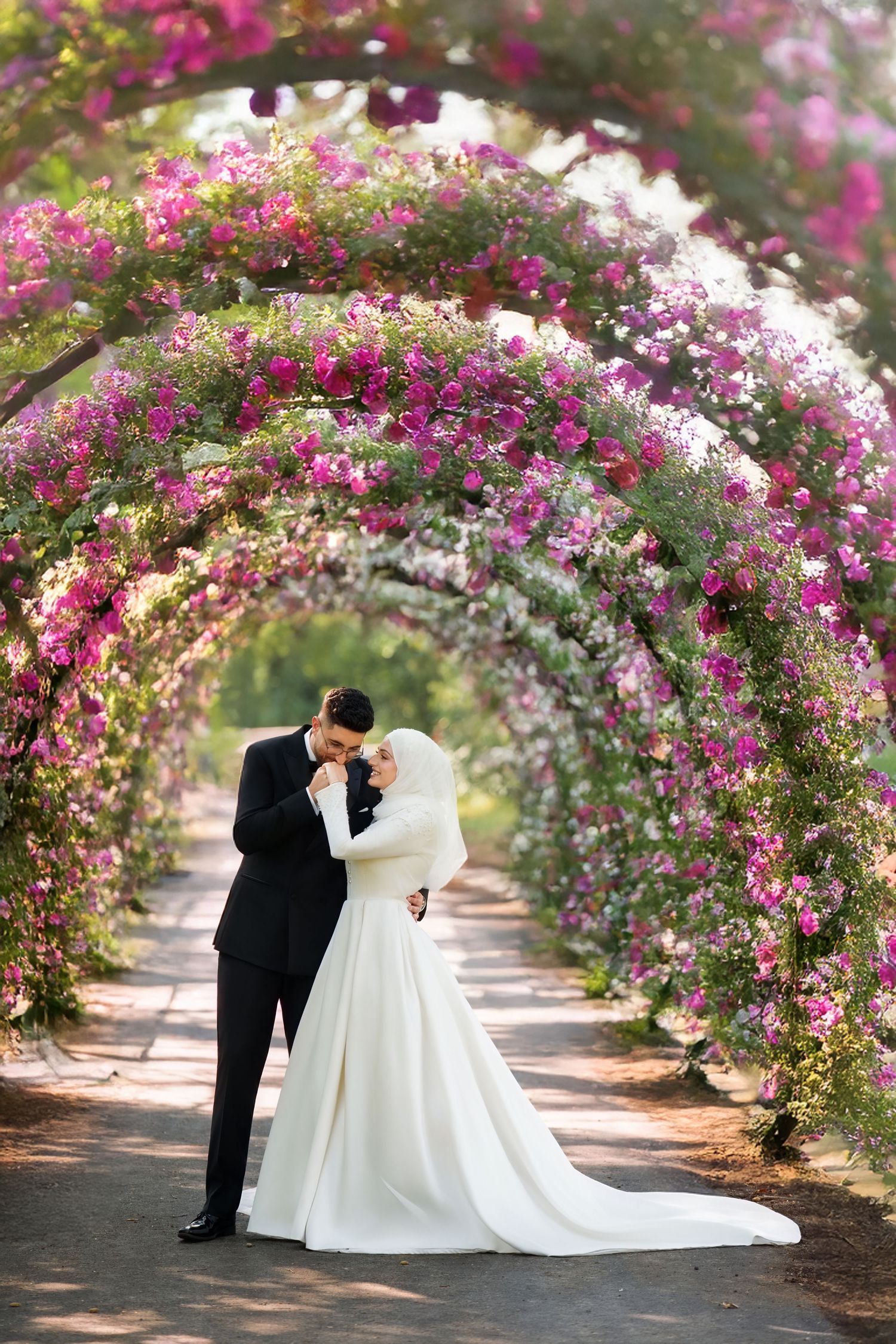 A newlywed couple sharing an intimate dance in a lush green park setting.