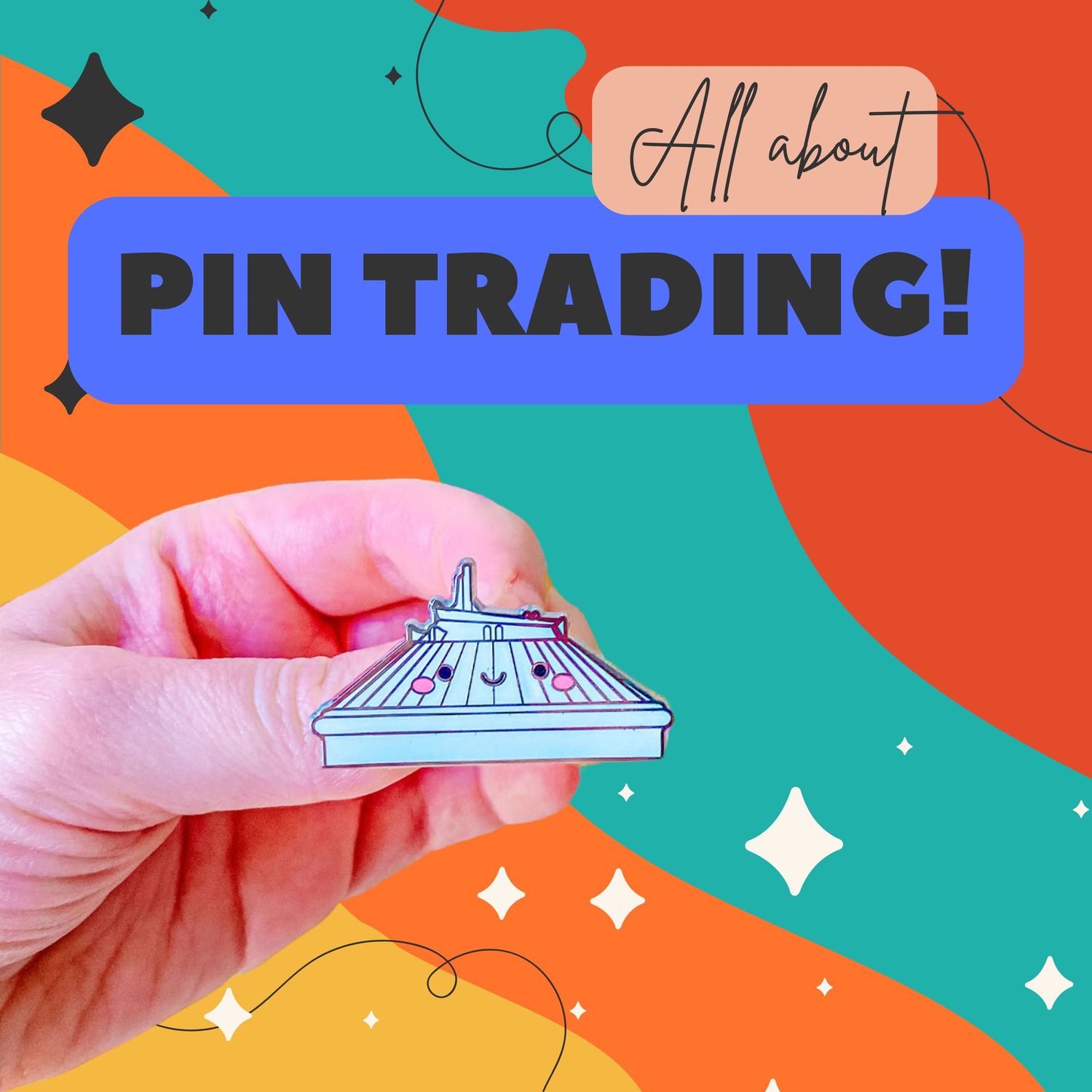 Disney pin trading graphic design with teal and orange color scheme.