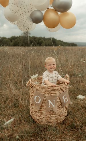 A rustic woven basket sits in a grassy field with copper, gray and white balloons floating above it.