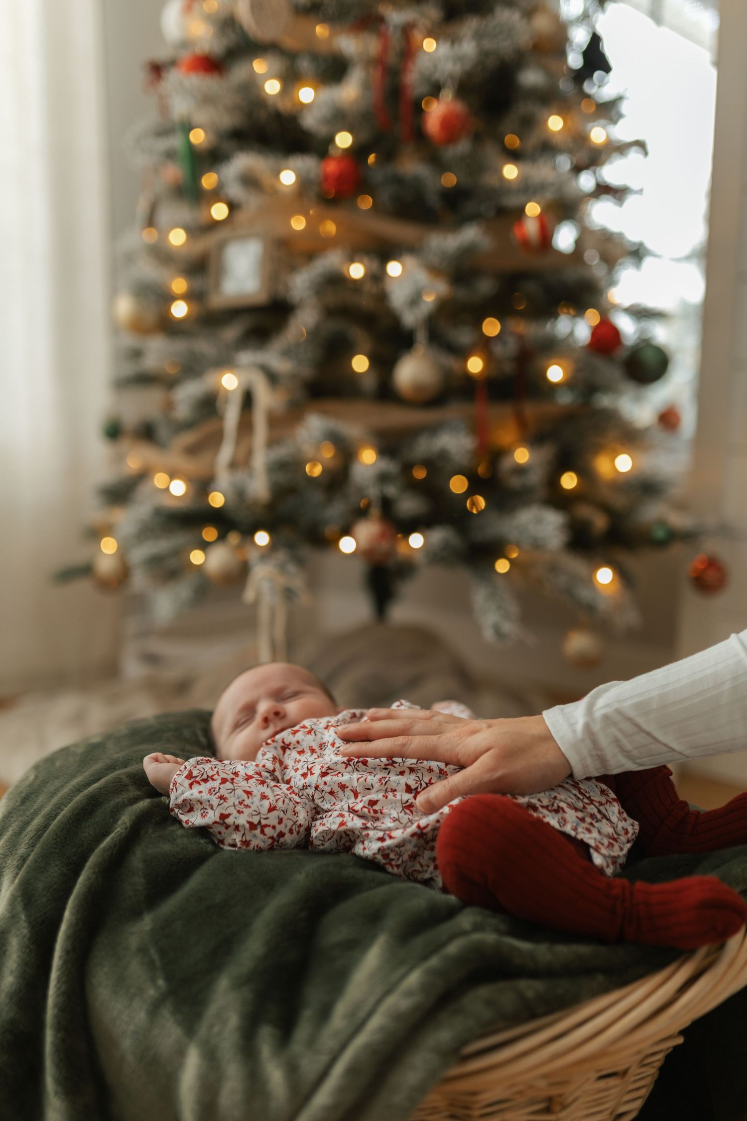 Newborn baby in floral outfit resting in a basket near a decorated Christmas tree with warm glowing lights.