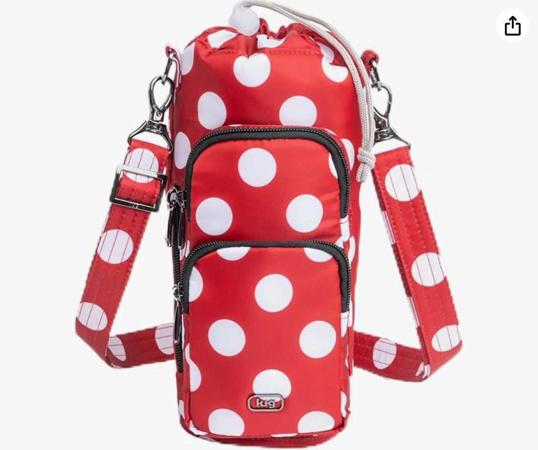 Red and white polka dot Minnie Mouse themed backpack shown from different angles.