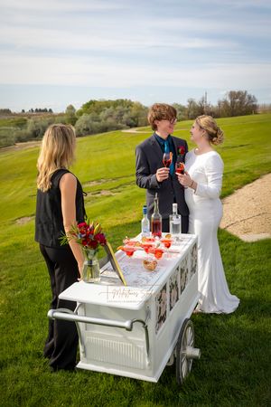 couple getting drinks from beverage cart