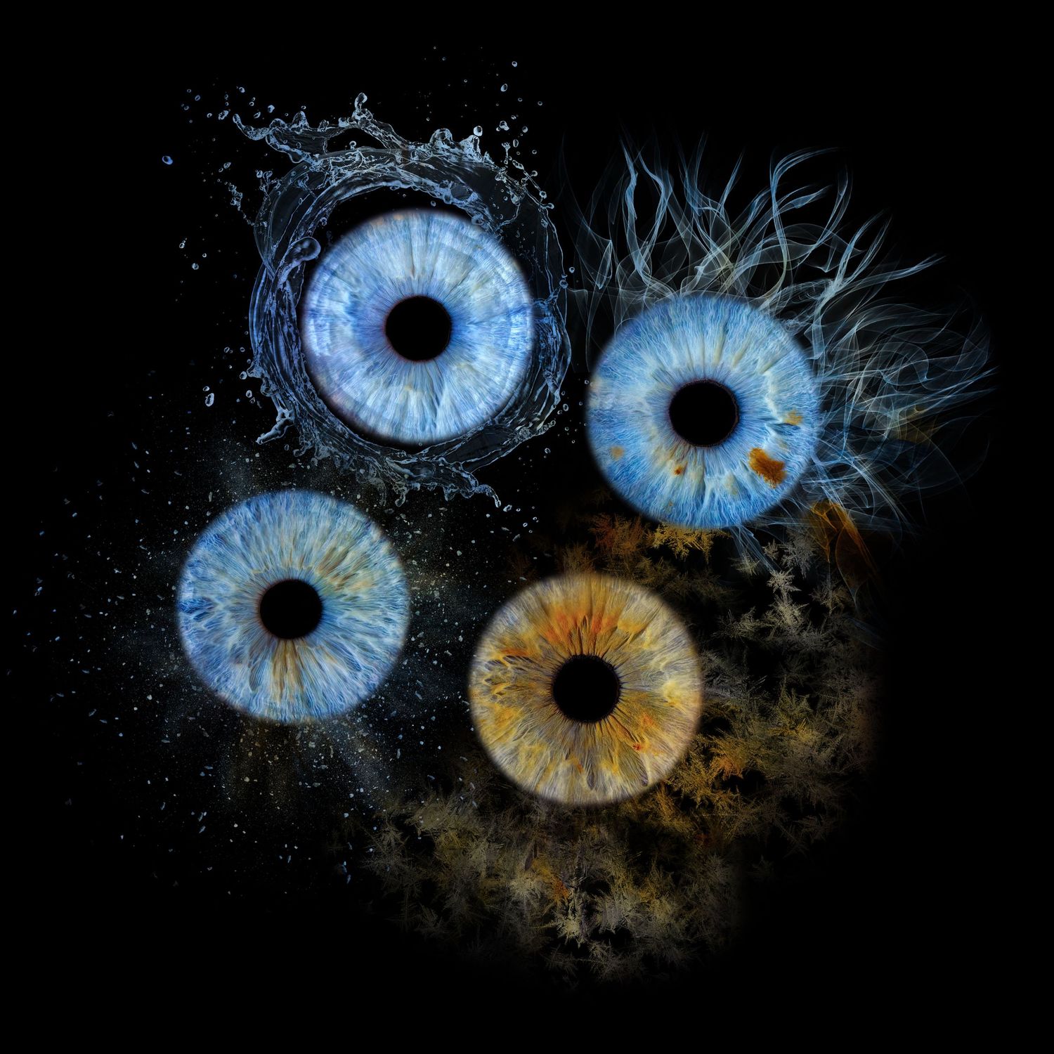 Four ethereal iris patterns in blue and gold arranged in a cosmic cluster against a dark background with mystical effects.
