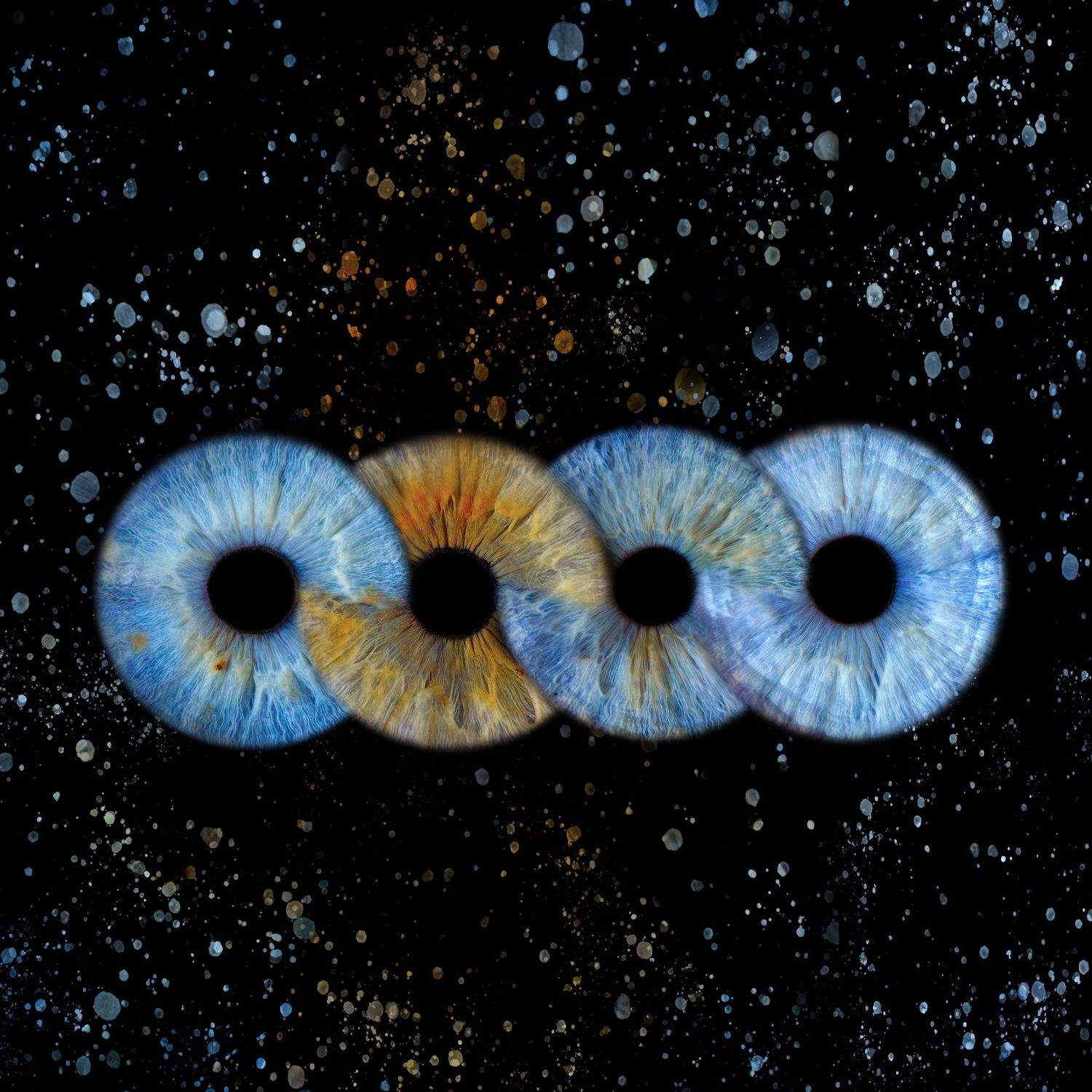 Four detailed human iris patterns in blue and amber colors arranged horizontally against a black starry background.
