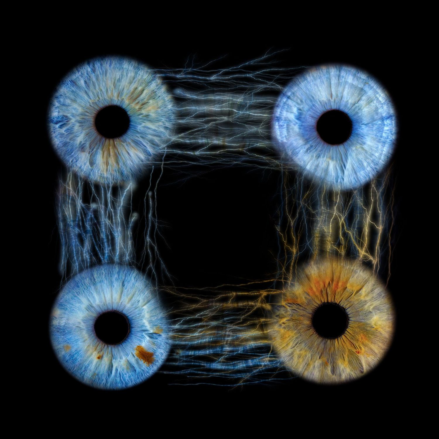Abstract digital visualization showing pairs of blue and gold iris patterns connected by wispy neural network-like strands.