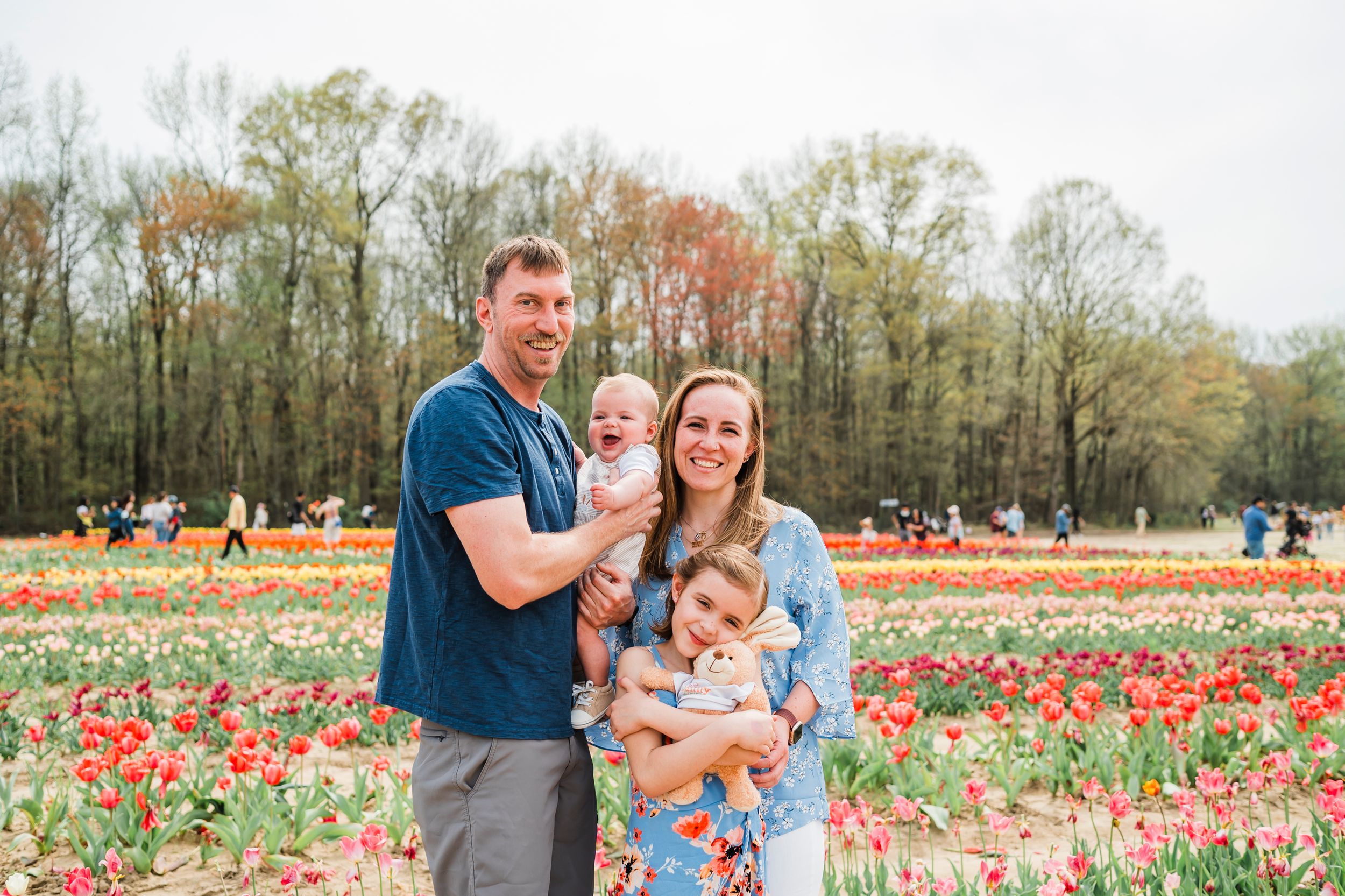 A family stands together in a colorful tulip field during spring with trees in the background.