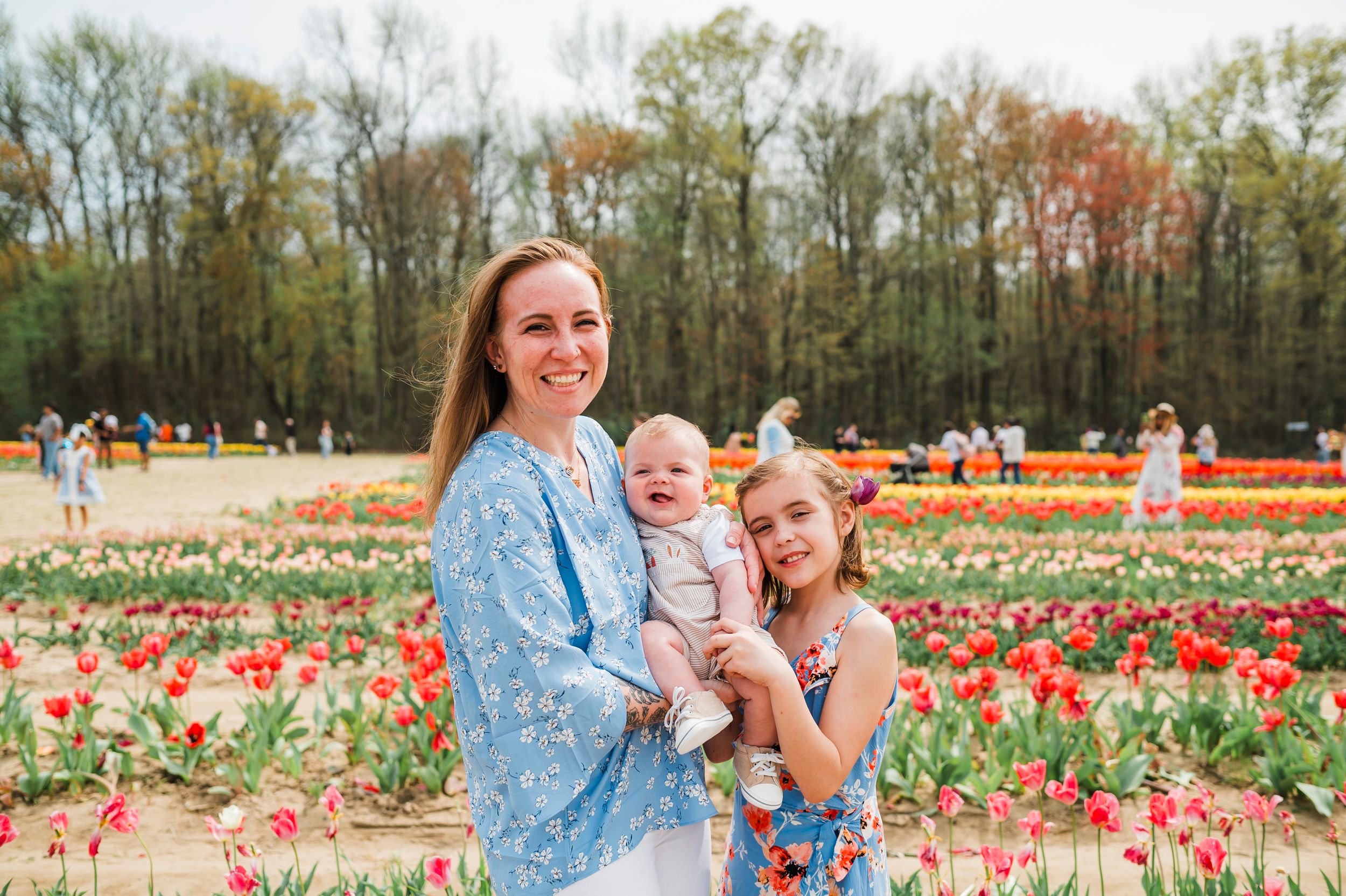 Two people sit together amidst a vibrant field of colorful spring tulips in full bloom with trees in the background.