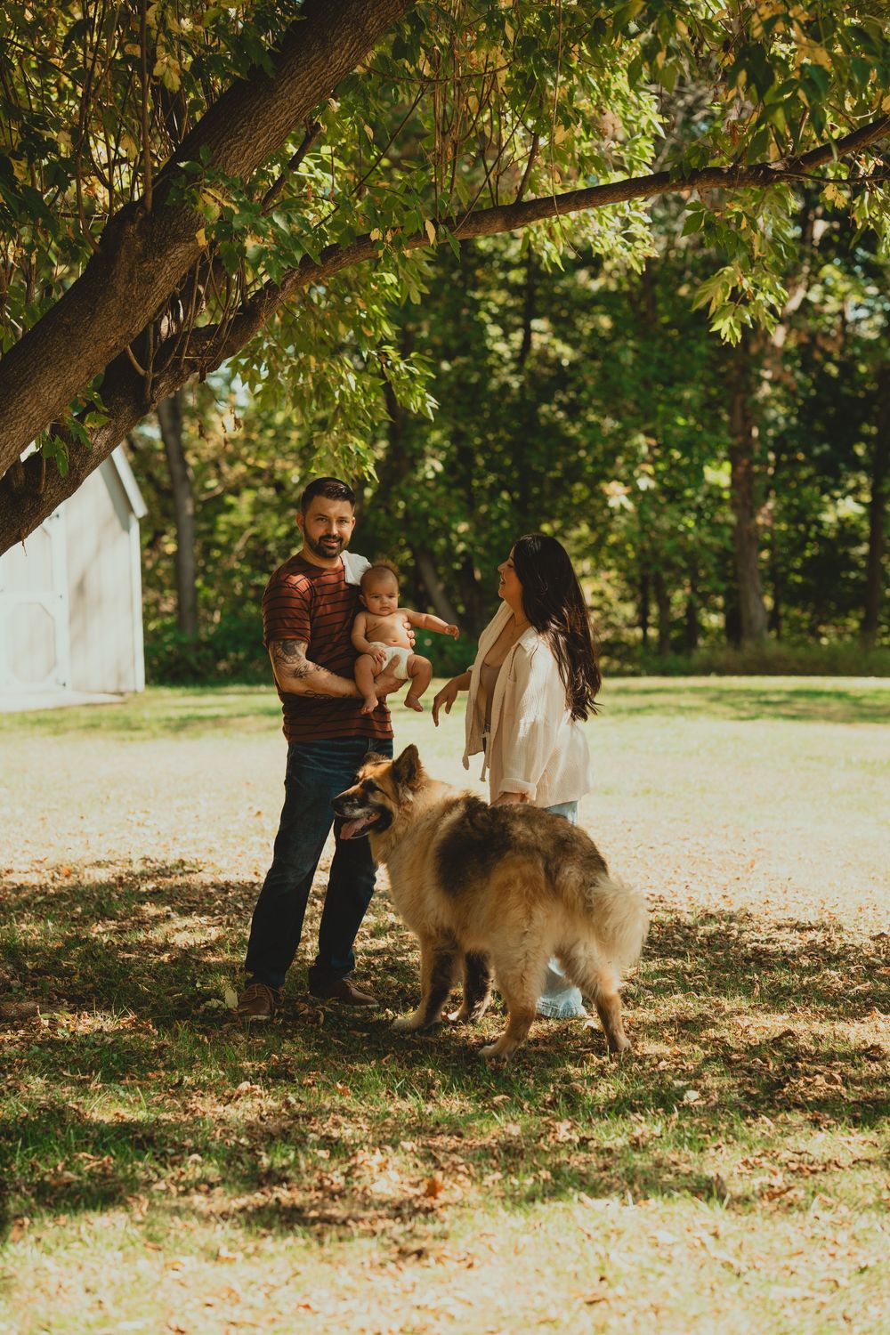 A couple interacts with their dog in a park setting during fall with trees in the background.
