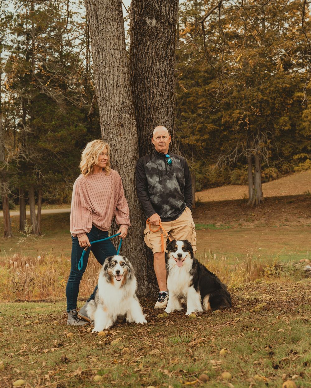 A family sits with their Border Collies during an autumn outdoor photoshoot.