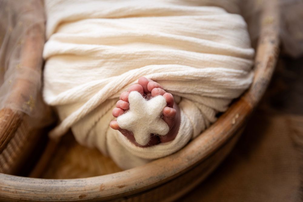 Newborn sleeping in basket during fine art photography session