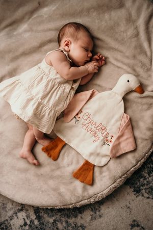 Sleeping baby on beige blanket with small plush fox toy and embroidered details.