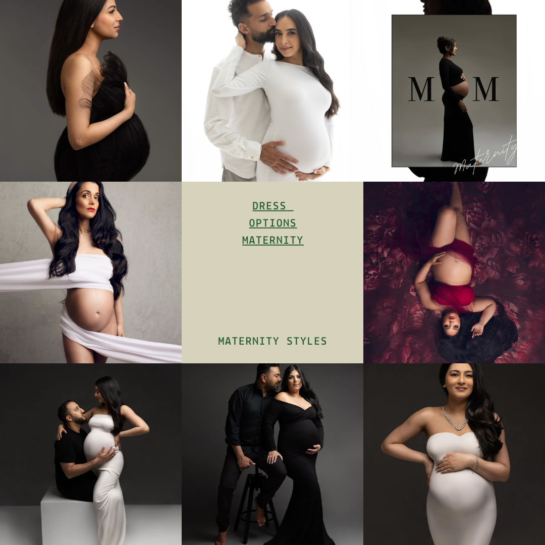 maternity styles for pregnancy photos with Elizabeth Lang Photography. A variety of fabrics and dresses for your photoshoot.
