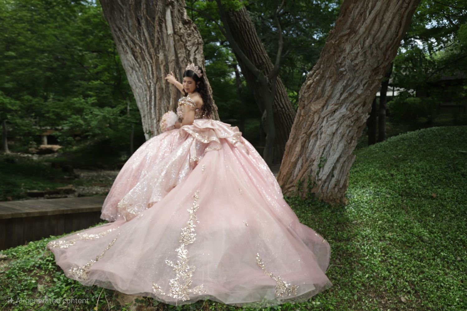 A person in a blush pink quinceanera ball gown poses in a lush garden setting for a photoshoot.