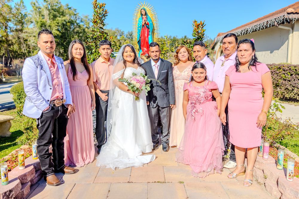 Formal wedding party photo with bridesmaids in pink dresses against architectural backdrop.